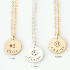 "Personalized Soccer Necklace, Baseball Necklace, Basketball Necklace, Tennis Necklace, Sports Team Necklace Soccer Mom Necklace Gift for Her Our sports necklaces are a fun way to show off your team spirit and support your athlete! Offered in quality 14k gold fill, sterling silver, and rose gold fill, a beautiful piece you'll wear with pride! HOW - TO - ORDER 1. Select your options from the drop down menu see photo for font styles and symbol options 2. Chain length options are 16\", 18\", 20\" & Soccer Necklace, Basketball Necklace, Baseball Necklace, Water Polo, Soccer Mom, Chain Extenders, Tennis Necklace, Mom Necklace, Font Styles