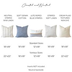 the standard pillow sizes are shown in different styles and colors, including one for each cushion