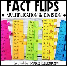 multicolored addition and division task cards with the words fact flips written on them