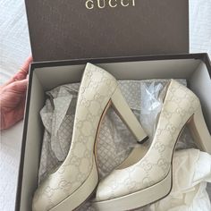 The Most Comfortable 4” Heels Ever! Beautiful Mystic White Soft Leather Gucci Heels With Small Platform Size 38.5. Comes With Box! Fits Tts And A Perfect Classic Heel You’ll Wear Forever. They Have Been Worn A Few Times But When On The Foot It Looks Perfect. Luxury Cream Block Heel Shoes, Luxury Cream Platform Heels, Luxury 4-inch Cream Heels, Gucci White Round Toe Heels, Gucci Luxury Heels With Round Toe, Luxury White Gucci Heels, Gucci White Heels With Branded Heel Counter, Luxury Cream Heels With 4-inch Heel, Gucci Beige Leather Heels