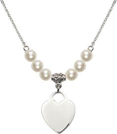 18" Rhodium Plated Necklace With 6mm Faux-Pearl Beads Featuring A Sterling Silver Heart Medal. Silver Necklace With Pearl Charm For Valentine's Day, Valentine's Day Silver Necklace With Pearl Charm, Silver Heart Pendant Pearl Necklace, Silver Pearl Heart Necklace With Pearl Charm, Silver Pearl Necklace With Heart Pendant, Elegant Silver Heart-shaped Pearl Necklace, Silver Heart Necklace With Pearl Charm For Gift, Silver Pearl Necklaces With Heart Charm, Elegant Silver Heart Necklace With Pearl Charm