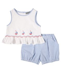 Style # PS-NP82 Made with 100% Cotton Summer Sets With Elastic Waistband And Shorts, Summer Bottoms With Smocked Back For Daywear, Casual Striped Sets For Summer, Casual Striped Summer Sets, Striped Ruffled Bottoms For Summer, Casual Striped Bottoms With Ruffles, Summer Daywear Sets With Elastic Waistband, Spring Seersucker Bottoms With Elastic Waistband, Beach Cotton Bottoms With Smocked Bodice