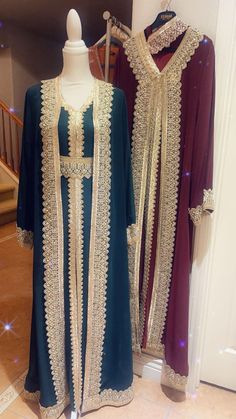 Elegant 2 piece caftan can be worn with or without gold rhinestone belt. Comes in 2 colors green and burgundy Green Formal Kaftan For Eid, Lace Belt, Green And Burgundy, Rhinestone Belt, Caftan Dress, Colors Green, Gold Rhinestone, Burgundy Color, Modest Dresses