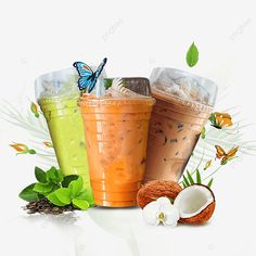 three drinks with different toppings and leaves on the side, including milkshakes