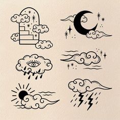 the weather and clouds are drawn in black ink on white paper, with stars and moon above