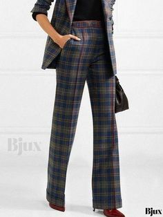 Bjux - Practical Plaid Print Pants with Adjustable Waist Plaid Trousers With Pockets, Winter Office Pants With Pockets, Plaid Full Length Pants For Fall, Plaid Full-length Pants For Fall, Plaid Trousers For Office, Casual Plaid Bottoms With Welt Pockets, Casual Plaid Pants With Welt Pockets, Casual Plaid Bottoms For Office, Casual Plaid Bottoms