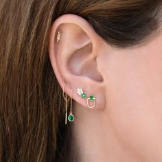 Emerald Ear Stack, Dainty May Birthstone Earrings, Dainty Green Single Earring, Dainty Single Green Earring, Single Emerald Earring For May Birthstone, Baguette Studs, Pretty Ear Piercings, Threader Earrings Gold, Daisy Studs