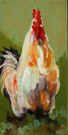 a painting of a rooster standing in the grass