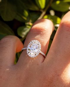 a woman's hand with a diamond ring on it and leaves in the background