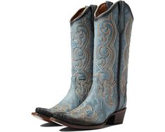 Corral Boots L5869 Fitted Boots With Reinforced Toe For Fall, Fall Boots With Reinforced Square Toe, Square Toe Boots With Reinforced Toe For Fall, Retro Snip Toe Boots For Fall, Retro Fitted Boots With Square Toe, Fitted Retro Boots With Square Toe, Jean Embroidery, Blue Cowboy Boots, Corral Boots Womens