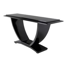 a black console table with curved legs and an acrylic finish on the top