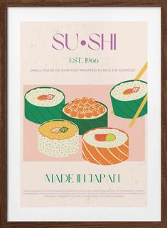 sushi poster in a wooden frame with chopsticks on the side and an illustration of different types of sushi