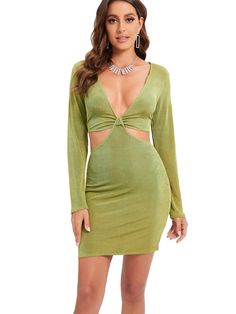 Fit: Regular
Fabric composition 1: Polyester
Style: Sexy
Season: Spring
Dress or Skirt length: Mini
Sleeve length: Long
Features: Cut-out
Neckline: V neck
Type of wash: Machine wash cold
Body closure: None Chic Green Mini Dress With Cutout, Green V-neck Dress With Cutout, Green Cutout Mini Dress For Party, Green Cutout Mini Dress For Night Out, Green V-neck Dress For Club, Green V-neck Club Dress, Night Club Dress, Bodycon Style, Party Dress Long Sleeve