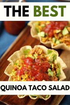 the best quinoa taco salad recipe is shown on a wooden cutting board