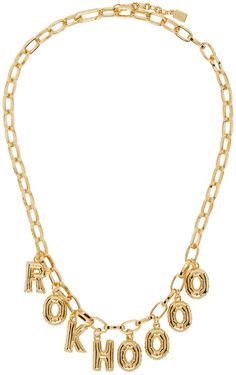 Chain link necklace in gold-tone brass. · Logo charms at face · Lanyard clasp fastening L18 in Supplier color: Gold | Rokh Gold Logo Charm Necklace Gold Logo, Metal Necklaces, Chain Link Necklace, Link Necklace, Collar And Cuff, Gold Gold, Chain Link, Lanyard, Chains Necklace