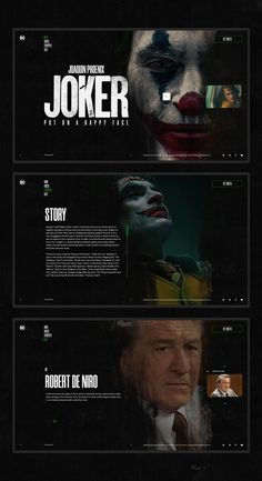 the joker movie poster is shown in three different stages