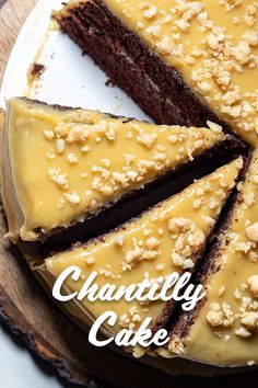 a chocolate cake with walnuts on top and the words chauntly cake above it