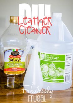 a bottle of leather cleaner sitting on top of a wooden table