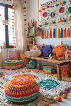 the room is decorated in bright colors and crocheted rugs on the floor