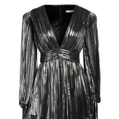 Nwt New Arrivals Metallic Black/Silver Lame Long Sleeve Cocktail Formal Dress Lightly Padded Shoulders Pleated Deep V Neckline V Front And Back Hemline Cuffs Are Fitted At The Wrists - Zipper Openings Fully Lined Zipper Fastening Imported From Turkey Msrp: $1,135 Size: 38 (S/M Us) Approximate Measurements Laid Flat Across Front: Pit To Pit: 17 3/4" Waist: 13 1/2" Length: 29" - 31" Care: Dry Clean Only Fast Shipping!! Elegant Metallic Mini Dress For Festive Occasions, Elegant Metallic Shiny Mini Dress, Elegant Festive Metallic Mini Dress, Chic Metallic Mini Dress For Formal Events, Chic Metallic Mini Dress For Formal Occasions, Metallic Mini Dress For Evening Holiday, Metallic Mini Dress For Holiday Evening, Luxury Metallic Dress For Night Out, Holiday Evening Metallic Mini Dress