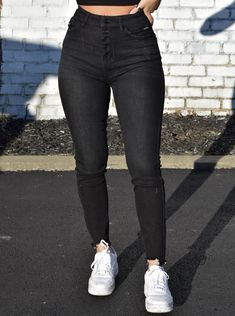 The perfect black jean for any outfit! A true black jean with adorable hem bottoms! Super High Rise Super Skinny Jean - 11" rise, 28" inseam 84% Cotton 14% Polyester 1.1% Spandex Black Pants Aesthetic, Black Jean, Fall Outfits, Black Jeans, High Rise, Cute Outfits, High Waisted, Spandex, Pants