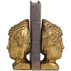 two golden head bookends are next to each other on a white background with measurements