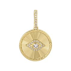 This gorgeous fluted charm features a diamond evil eye. 14K Yellow Gold Bail: 5.5mm x 8mm Pendant: 15mm 26 round diamonds: 0.06ct Center Round Diamond: 0.04ct Bail opens and can be added to a variety chains. Approx. 2.38g 14k Gold Evil Eye Necklace With Round Pendant, Evil Eye Charm Necklace With Round Pendant, Evil Eye Charm Necklace With Round Pendant For Gifts, Luxury Evil Eye Round Pendant Necklace, Yellow Gold Evil Eye Round Pendant, Diamond Evil Eye, Blog Branding, Evil Eye Charm, Gift Card Sale