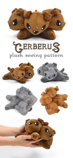 several different stuffed animals are shown in this advertisement for gerberus plush sewing pattern