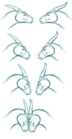 four different angles of the head of an animal with long horns and two smaller heads