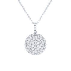 Full of sparkle this disc pave pendant features 0.63 carats of round brilliant cut diamonds. Diamond Pave Setting Round Pendant Necklace, Diamond Round Pendant Necklace With Pave Setting, Dazzling Diamond Necklace With Brilliant Cut Round Pendant, Diamond Necklace With Pave Setting In Round Pendant, Round Cut Diamond Necklace With Pave Setting, Cubic Zirconia Diamond Necklace With Pave Setting, Round Cubic Zirconia Necklace With Pave Setting, Diamond White Round Necklace With Pave Setting, Timeless Diamond Pendant Necklace With Pave Setting