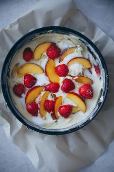 a dessert dish with fruit on top of it