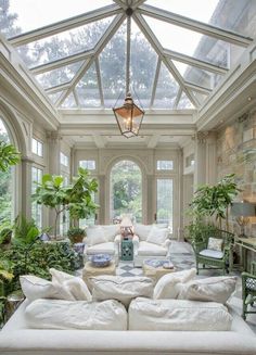 a living room filled with lots of furniture and plants on top of it's walls