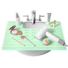 a bathroom sink with various items on it