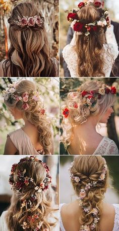 four pictures of different styles of hair with flowers in the middle and on to them