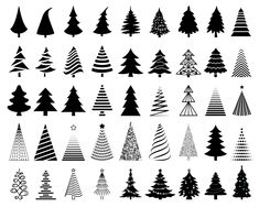 various types of christmas trees in black and white