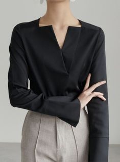 Formal Black Long Sleeve Blouse. https://pradize.com/collection/tops Shirt Design For Women, Elbow Sleeve Blouse, Formal Top, Ladies Tops Blouses, Black Formal, Top Shirt Women, Satin Top, Elbow Sleeve, Women Hoodies Sweatshirts