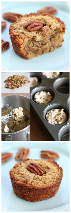 there are three pictures of some food in the pans and one has pecans on it