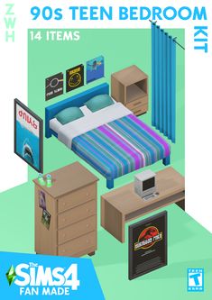 an image of a bedroom with furniture and bedding in the same color as the poster