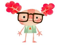 a drawing of a man with glasses and red flowers in his hair, wearing eyeglasses