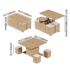 three different tables with storage compartments and drawers