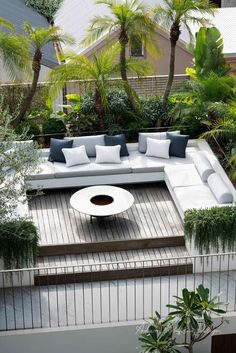 an outdoor seating area with couches and tables surrounded by trees, shrubs and palm trees