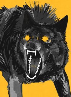 a drawing of a black wolf with its mouth open and teeth wide open, on a yellow background