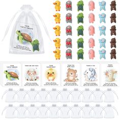 an assortment of rubber animals in bags and tags with instructions to make them look like stuffed animals