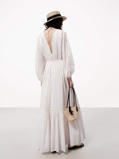 MO&Co. Women's V-neck Cotton Maxi Dress Beat the heat in a breezy bohemian style with this 100% cotton maxi dress. Featuring a romantic Broderie Anglaise eyelet embroidery pattern, this dress has a deep v-neckline in the back with self-tie straps. The voluminous puff sleeves add a touch of drama. It has a high-waisted, A-line maxi silhouette that flatters your figure while keeping you cool and comfortable. Perfect for beach vacations, this cotton maxi is an effortlessly chic holiday-style staple Spring Vacation Maxi Dress With Broderie Anglaise, Broderie Anglaise Maxi Dress, Summer Daywear Maxi Dress With Broderie Anglaise, Cotton Maxi Dress With Broderie Anglaise For Daywear, Summer Broderie Anglaise Maxi Dress For Daywear, Chic Broderie Anglaise Maxi Dress For Vacation, Broderie Anglaise Maxi Dress For Summer Daywear, Chic V-neck Cotton Maxi Dress, Summer Maxi Dress With Broderie Anglaise