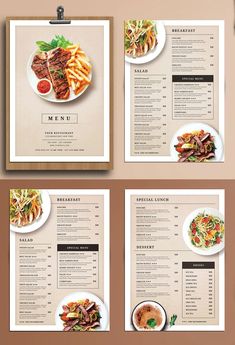 three different menus with food on them