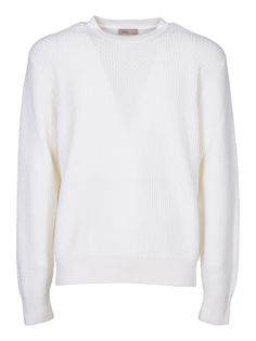 White sweater. Crew neck. Regular fit. Composition: 100% virgin wool. Made in Italy. White Cashmere Tops With Ribbed Cuffs, Winter White Crew Neck Cashmere Sweater, Winter White Cashmere Crew Neck Sweater, White Fine Knit V-neck Sweater For Winter, Classic White Cashmere Polo Sweater, White Textured Knit Cashmere Sweater, White Cashmere Cardigan With Ribbed Cuffs, Classic White Sweater With Ribbed Cuffs, White Fine Knit Cashmere Sweater