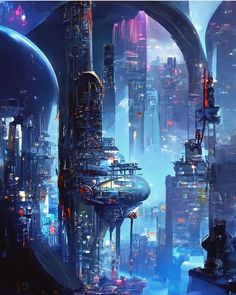 a futuristic cityscape with lots of tall buildings