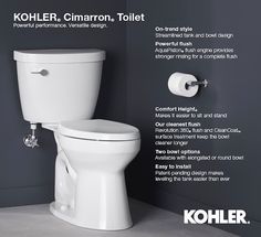 The Cimarron toilet bowl delivers powerful, clean, swirl flush performance. Kohler's most complete flush ever, Revolution 360 swirl-style flushing technology keeps your bowl cleaner longer than a conventional flush. KOHLER Cimarron Biscuit Elongated Chair Height Toilet Bowl 12-in Rough-In in White | 31588-96 Contemporary Toilets, Kohler Toilet, Black Toilet, Toilet Bowl Cleaner, Toilet Bowls, Toilet Tank, Chair Height, Tank Design, Flush Toilet