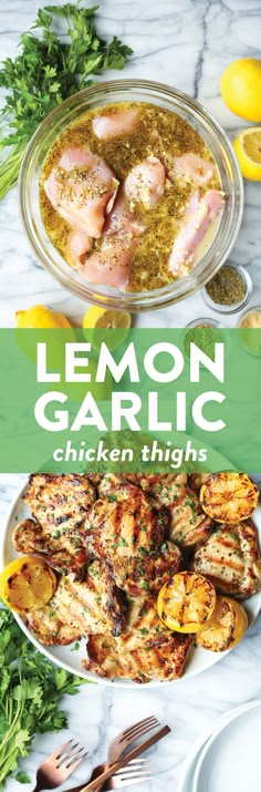 lemon garlic chicken thighs on a white marble table with fresh herbs and lemons in the background