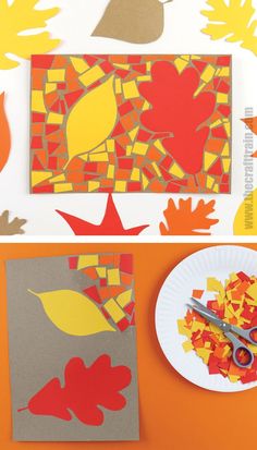 leaf artwork for Fall made from paper mosaic Paper Mosaic, Fall Arts And Crafts, Fall Art Projects, Diy Thanksgiving, Elementary Art Projects, Homeschool Art, Fall Crafts For Kids, Kindergarten Art